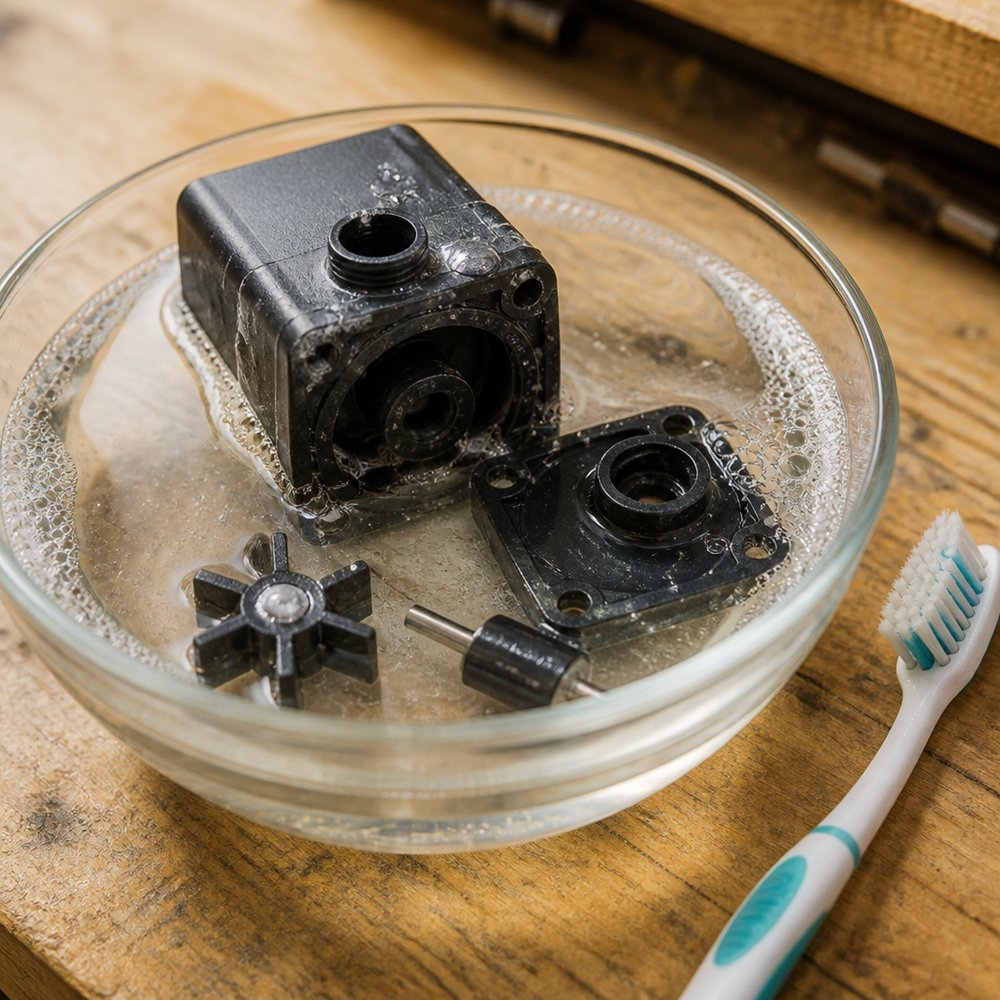 cleaning a fountain pump in a diluted vinegar solution