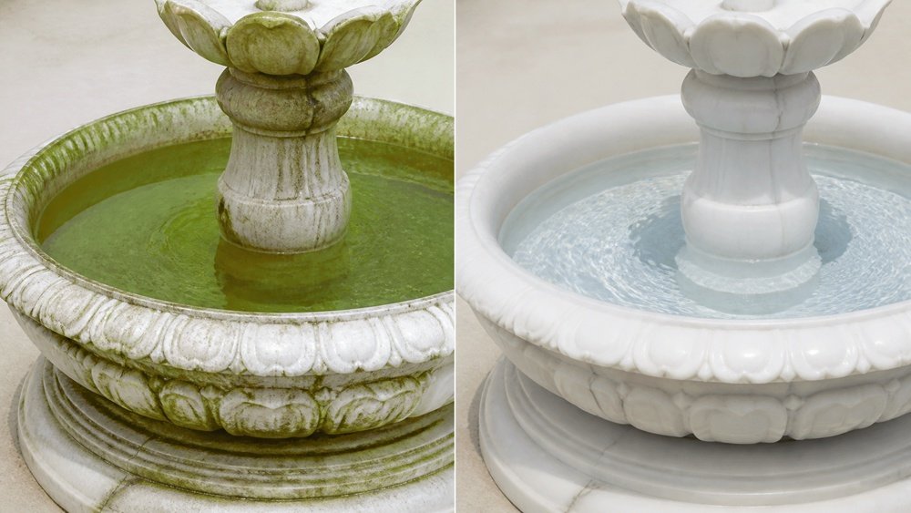 marble fountain before and after algae removal