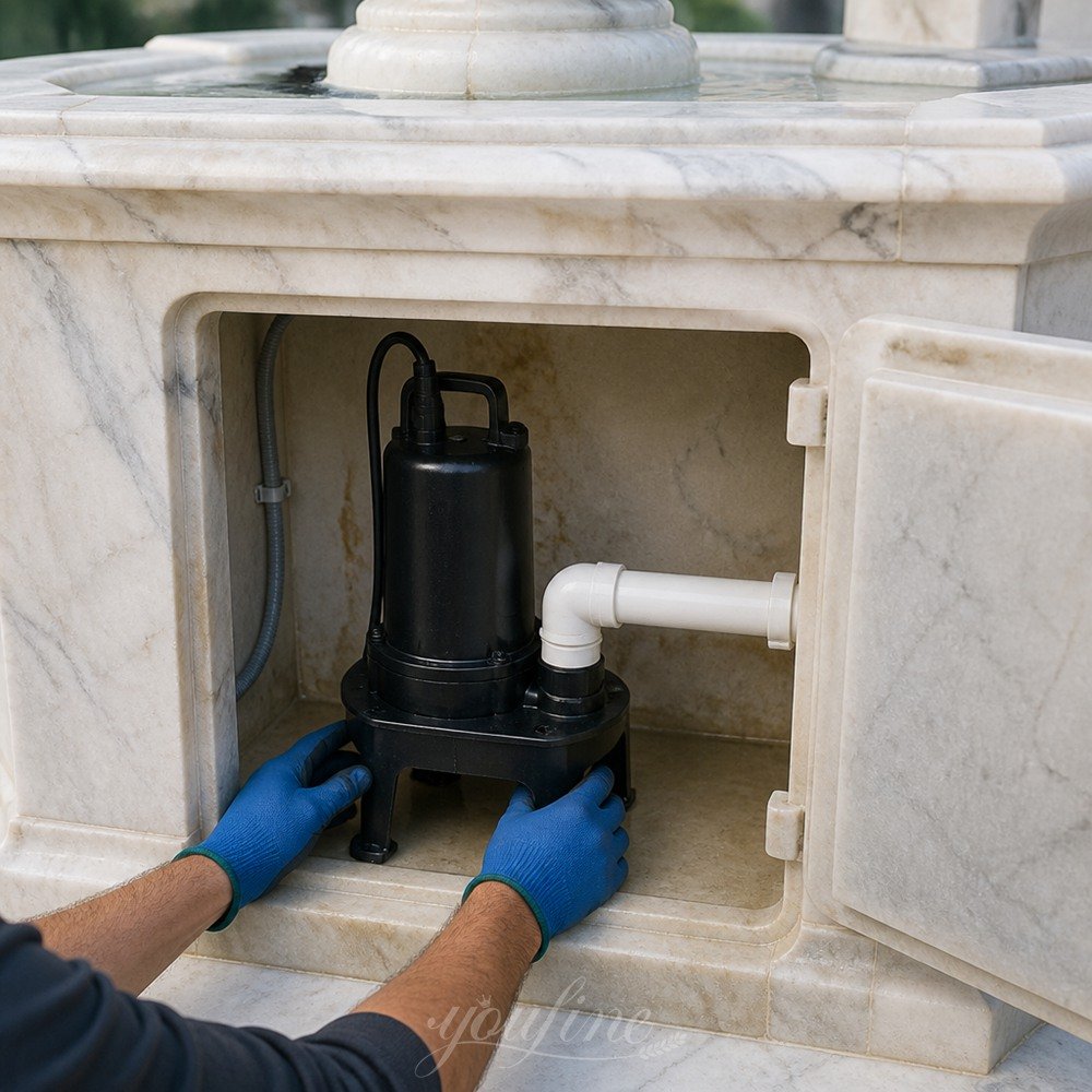 installing the water pump in a marble fountain base