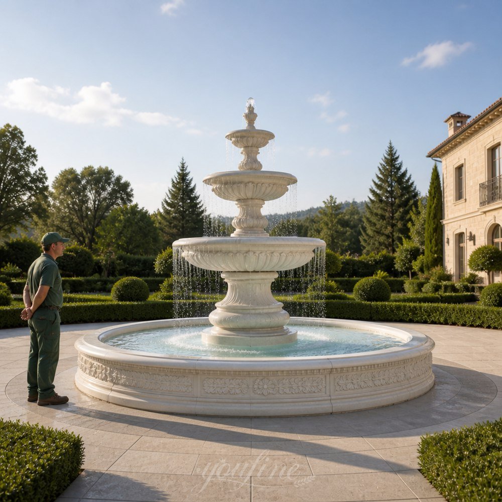 large 3 meter marble fountain in a villa garden