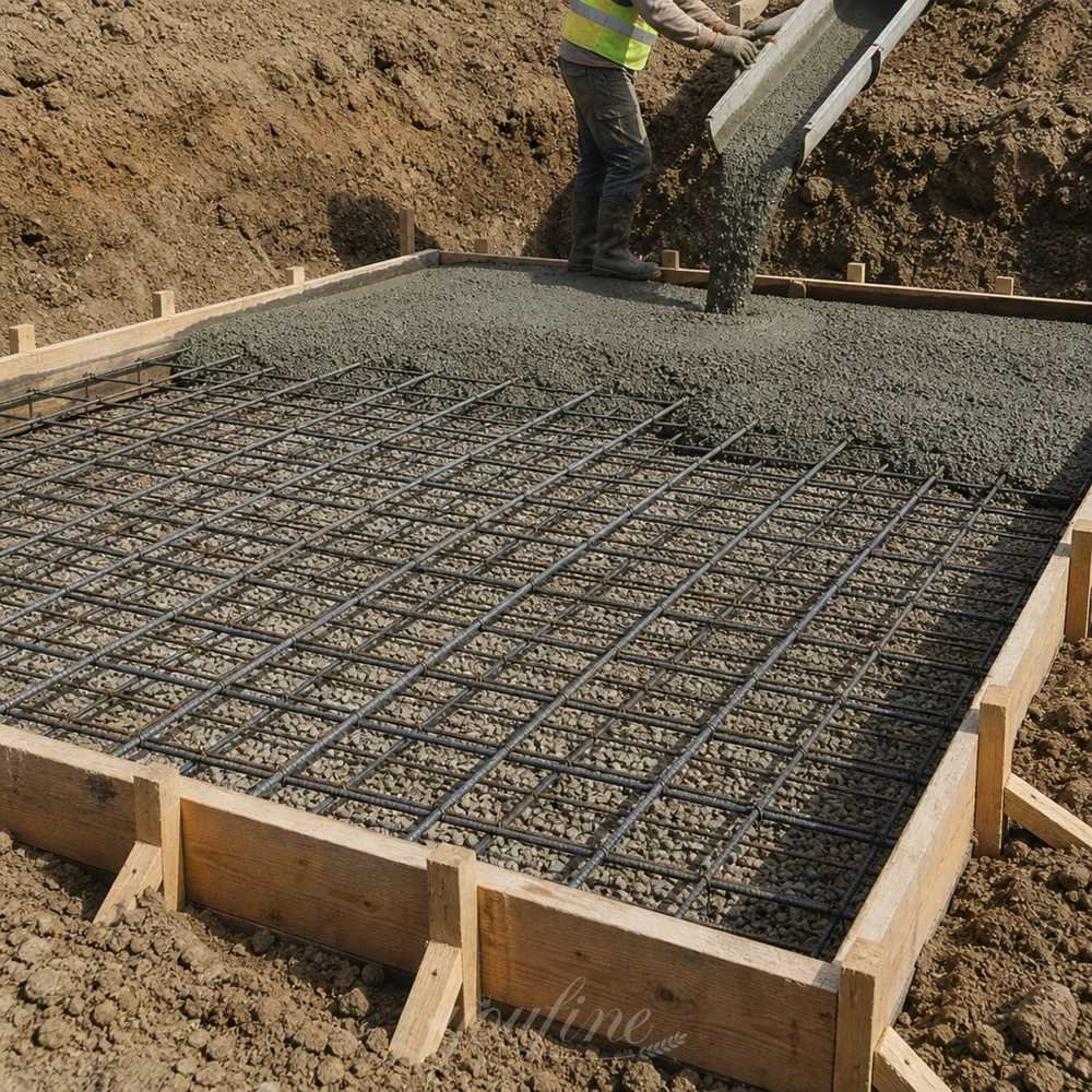 pouring the reinforced concrete foundation for a marble fountain