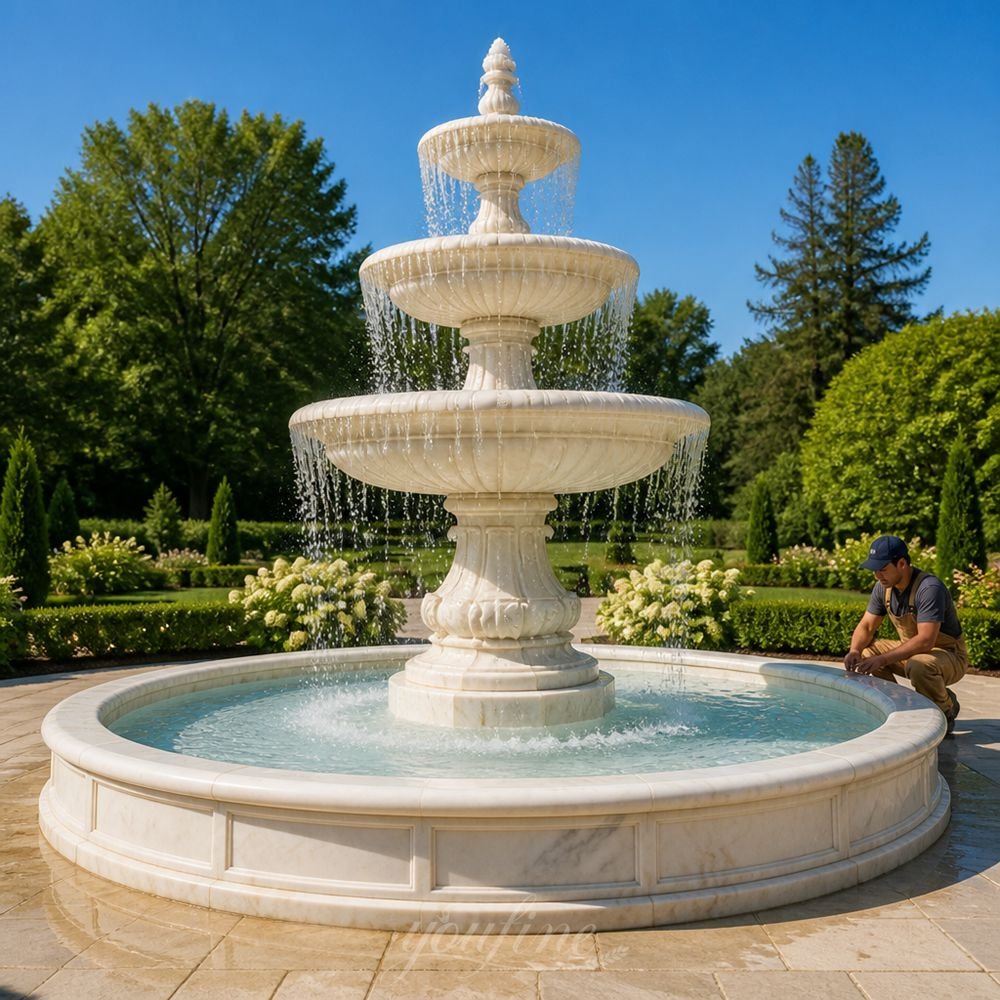 water testing a newly installed marble fountain