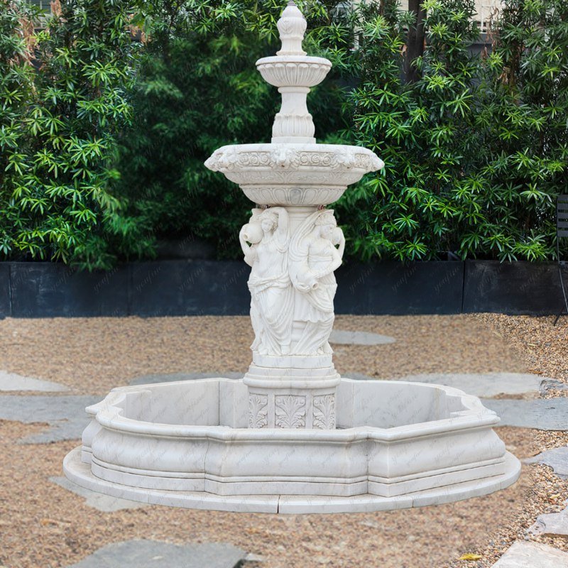 marble tiered fountain with lady statues for yard decor