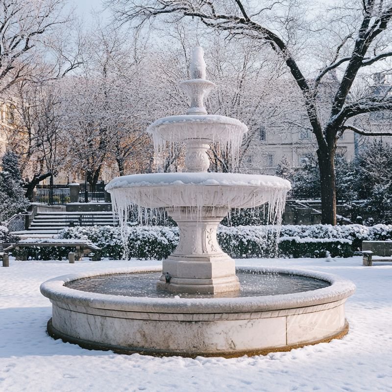 white marble fountain outdoors in winter