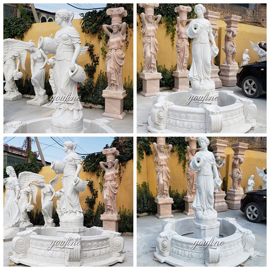 beautiful white marble woman pouring water fountain details