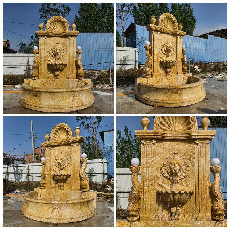 free standing henan yellow marble lion head wall fountain details