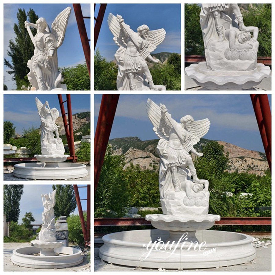 catholic hand carved st michael angel statue fountain details
