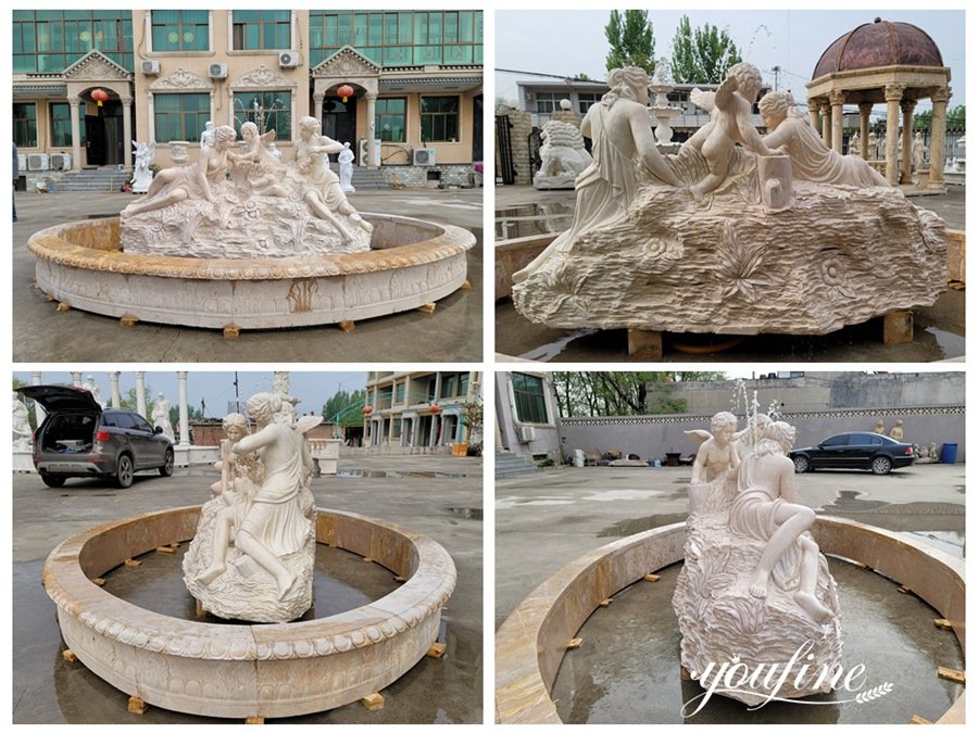beautiful marble greek statue fountain with females and cherubs details