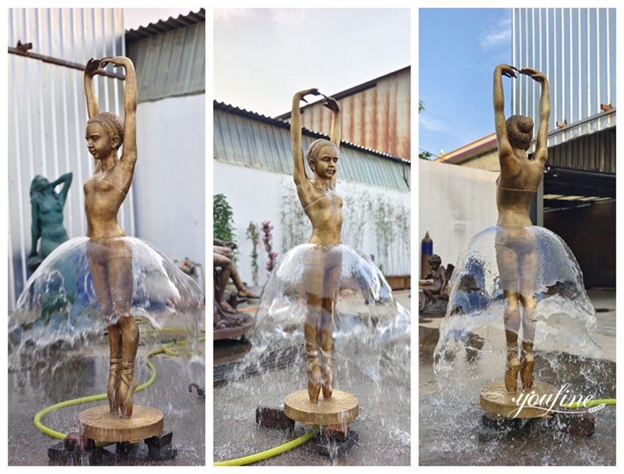 golden bronze young ballerina water fountain details
