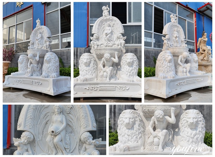 stunning marble greek wall fountain with lions and cherubs statues details