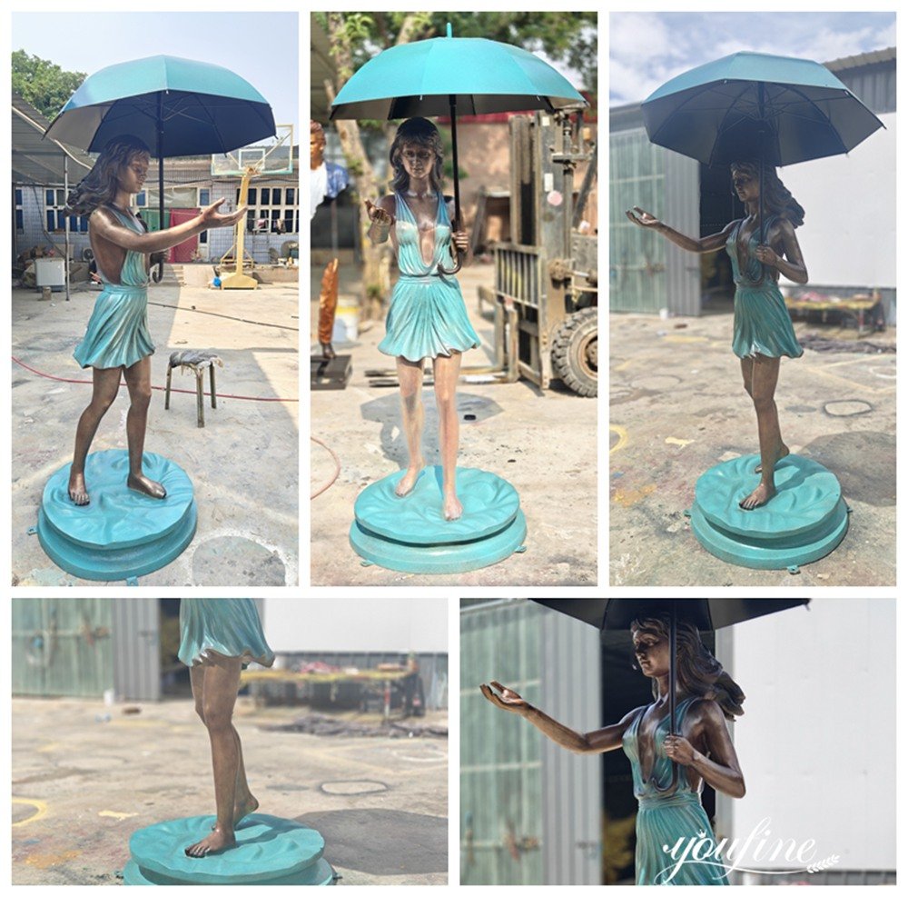 Bronze Beautiful Girl with Umbrella Fountain Details
