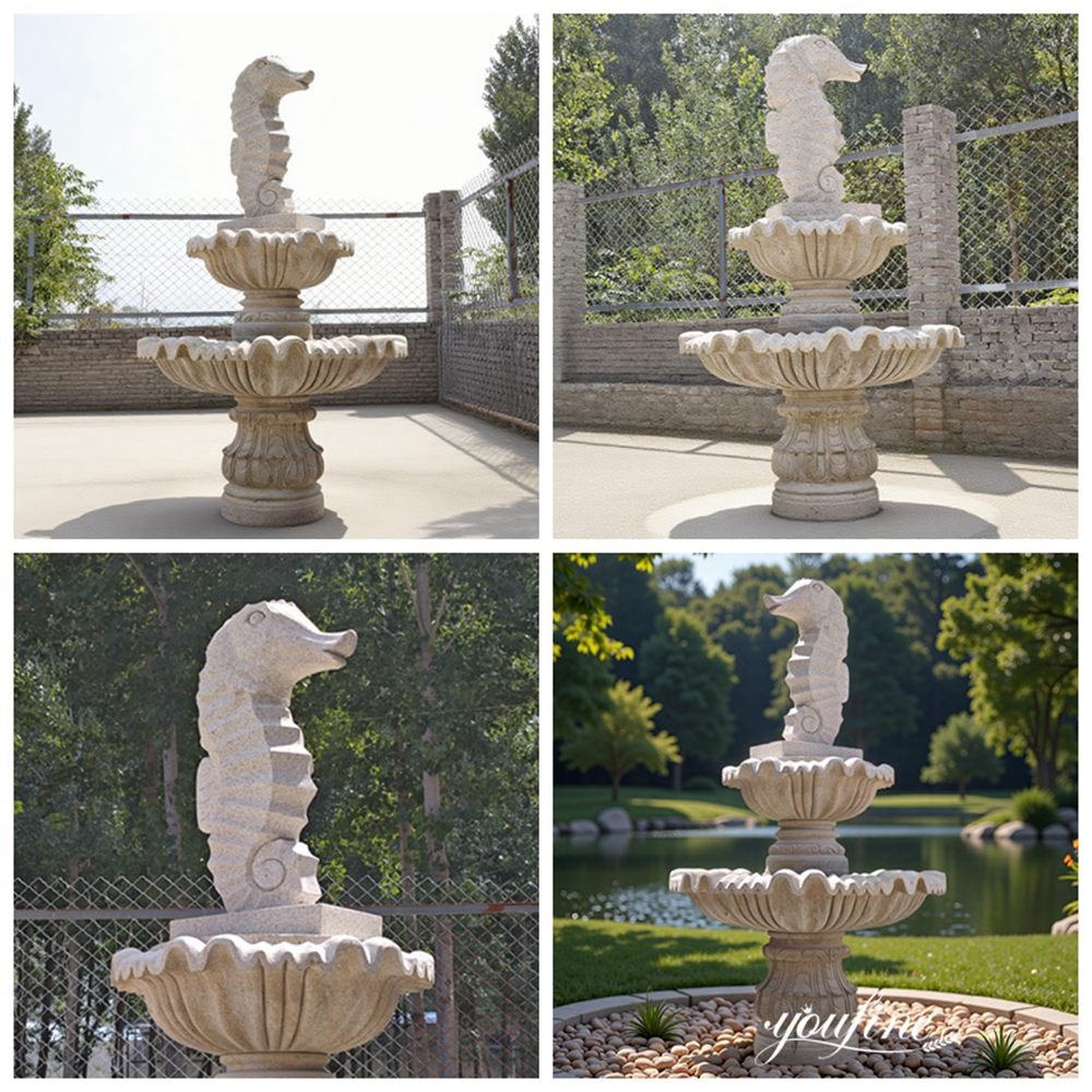 carved marble sea horse fountain details