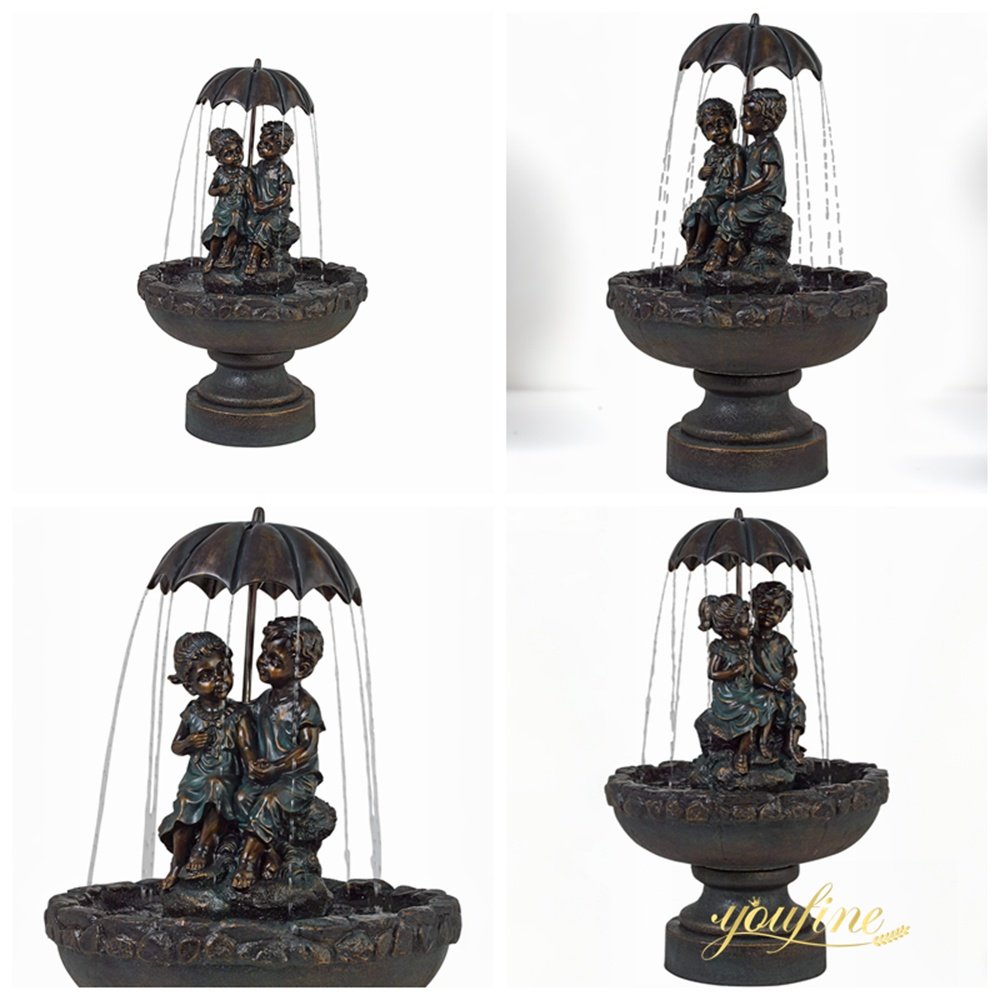 bronze little boy and girl under umbrella fountain details