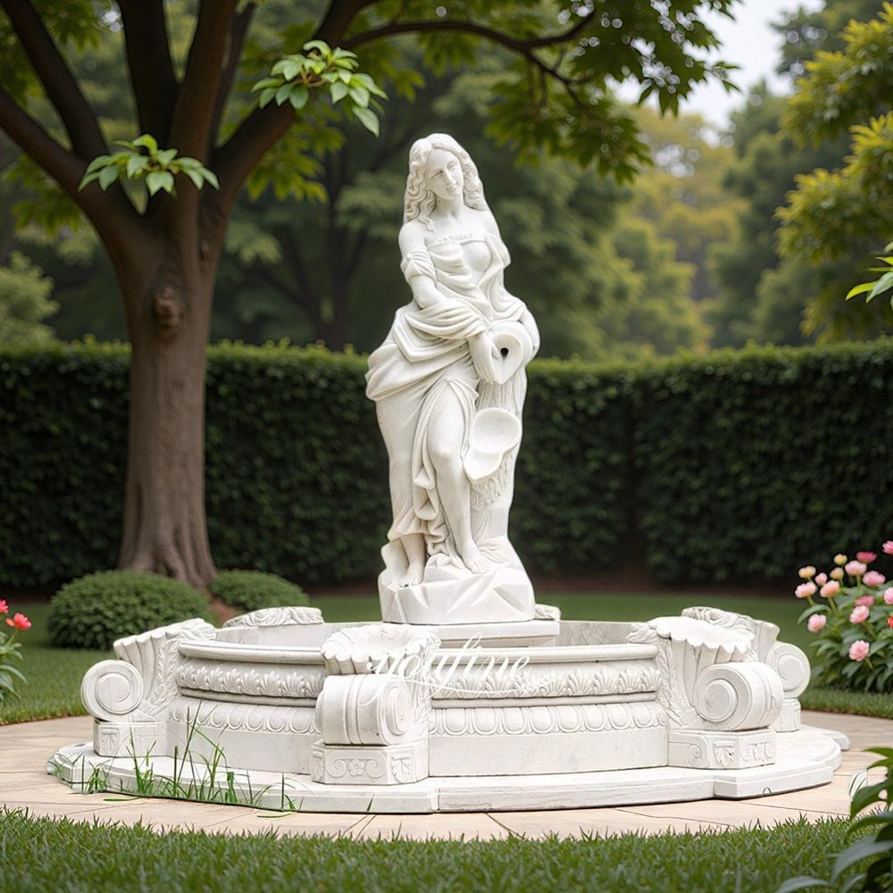 classical marble woman holding can fountain for yard