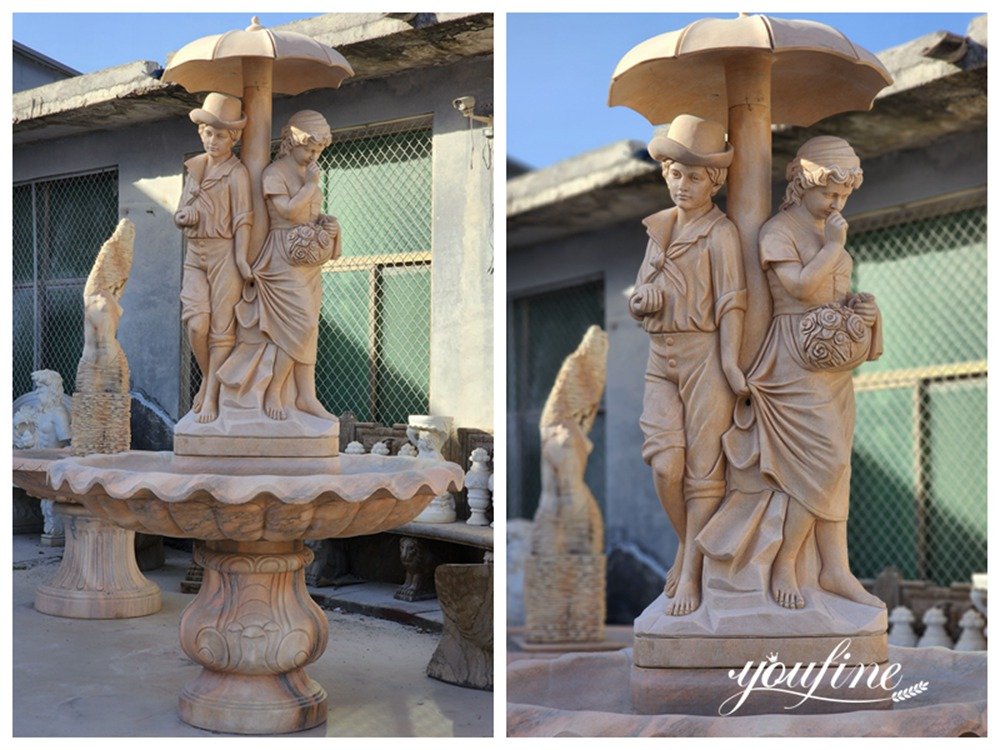 marble boy and girl under umbrella fountain details