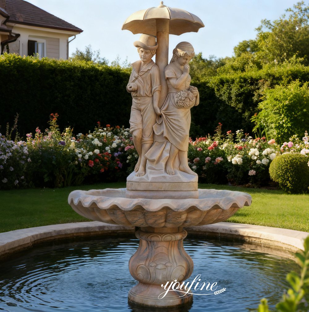 marble boy and girl under umbrella fountain for garden