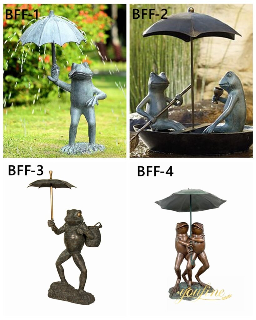 more bronze frog with umbrella fountains