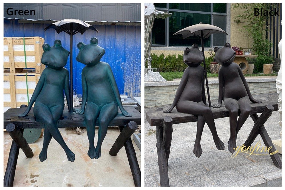 various colors of bronze frog with umbrella fountains