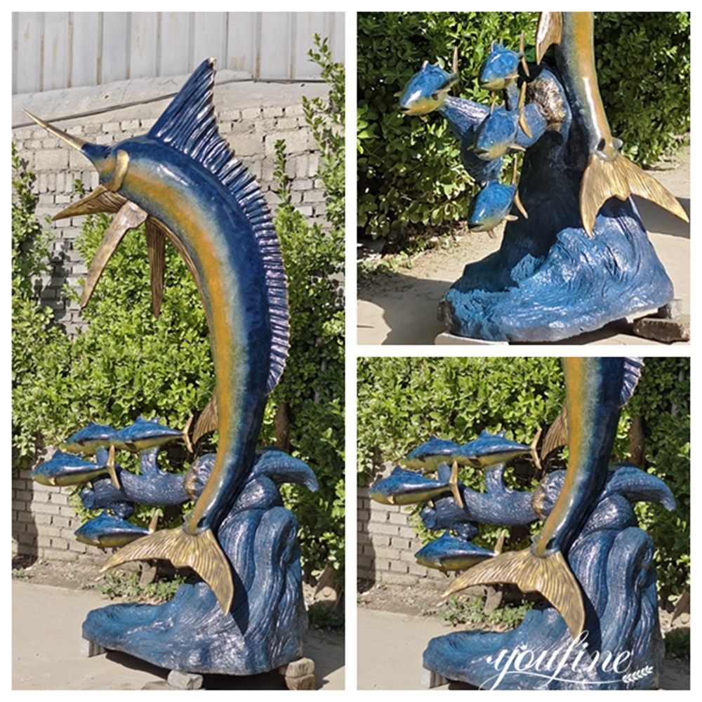 bronze blue marlin sculpture fish fountain details