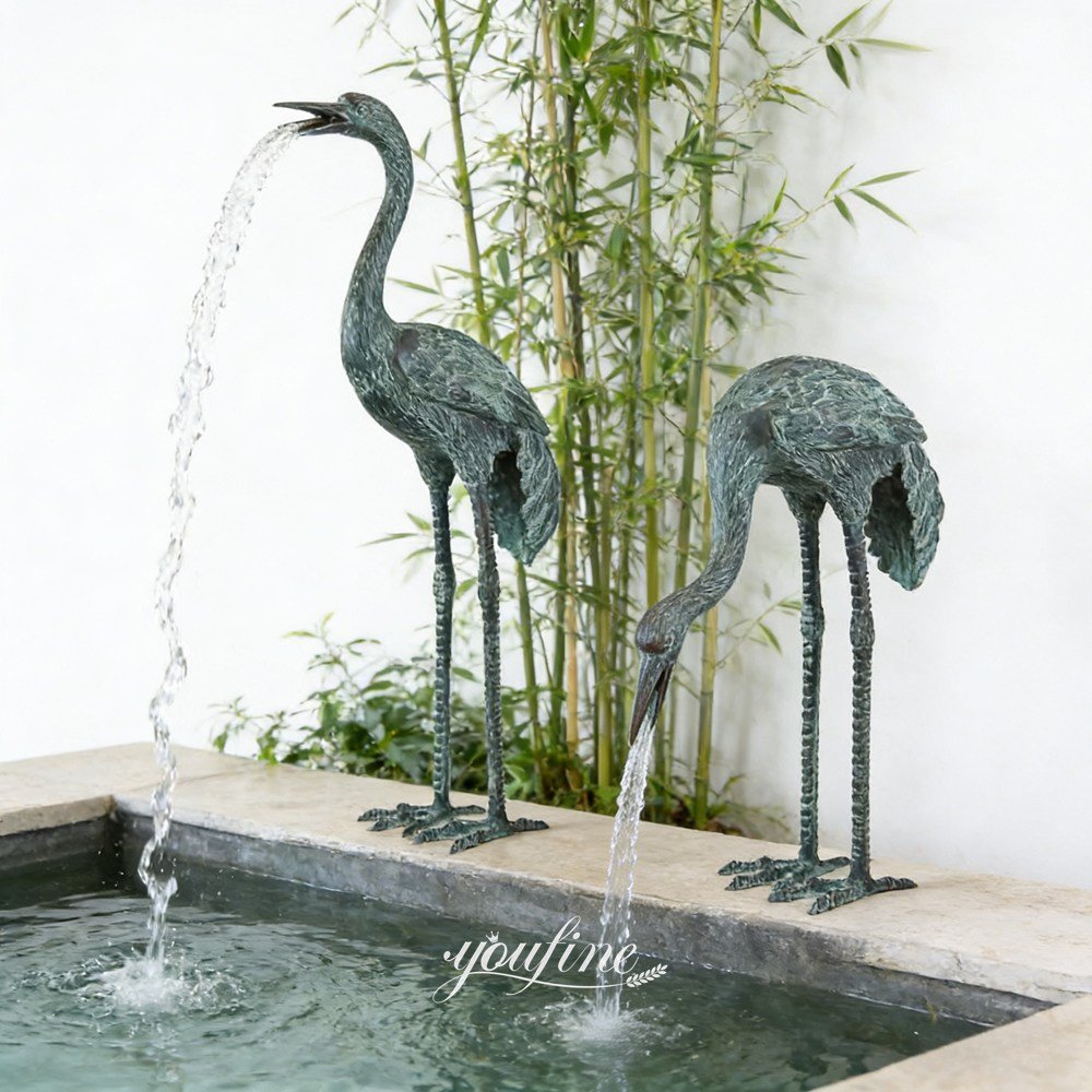 verdigris pair bronze crane fountain for pool decor