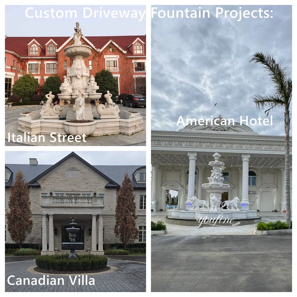 custom marble circular driveway fountain project showing by youfine factory