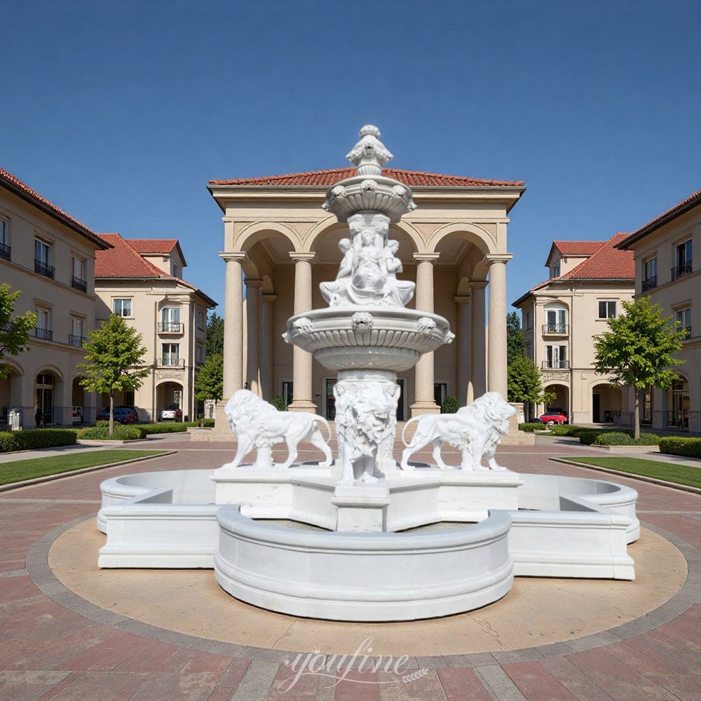 commercial marble lion and figure statue fountain for large community center decor