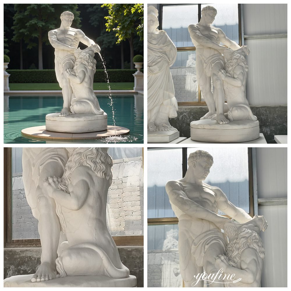 classic carved marble hercules and the nemean lion statue fountain details