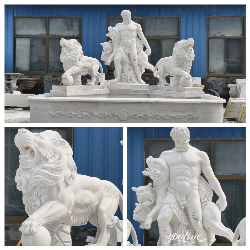 outdoor large marble hercules fountain with lion details
