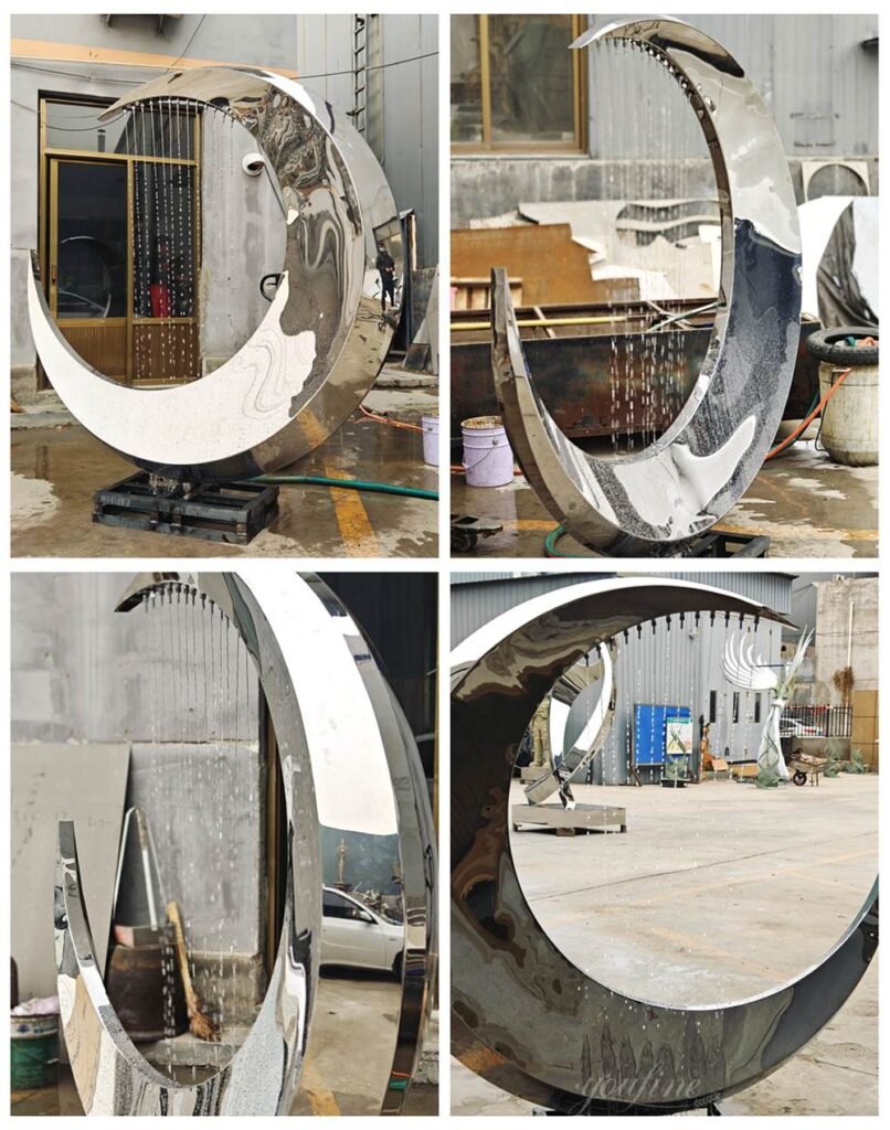 Polished Stainless Steel Crescent Moon Sculpture Fountain Details