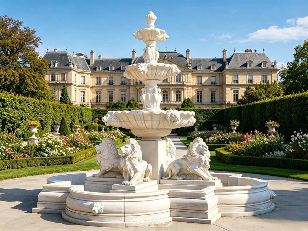 large marble lion head fountain with beautiful statues