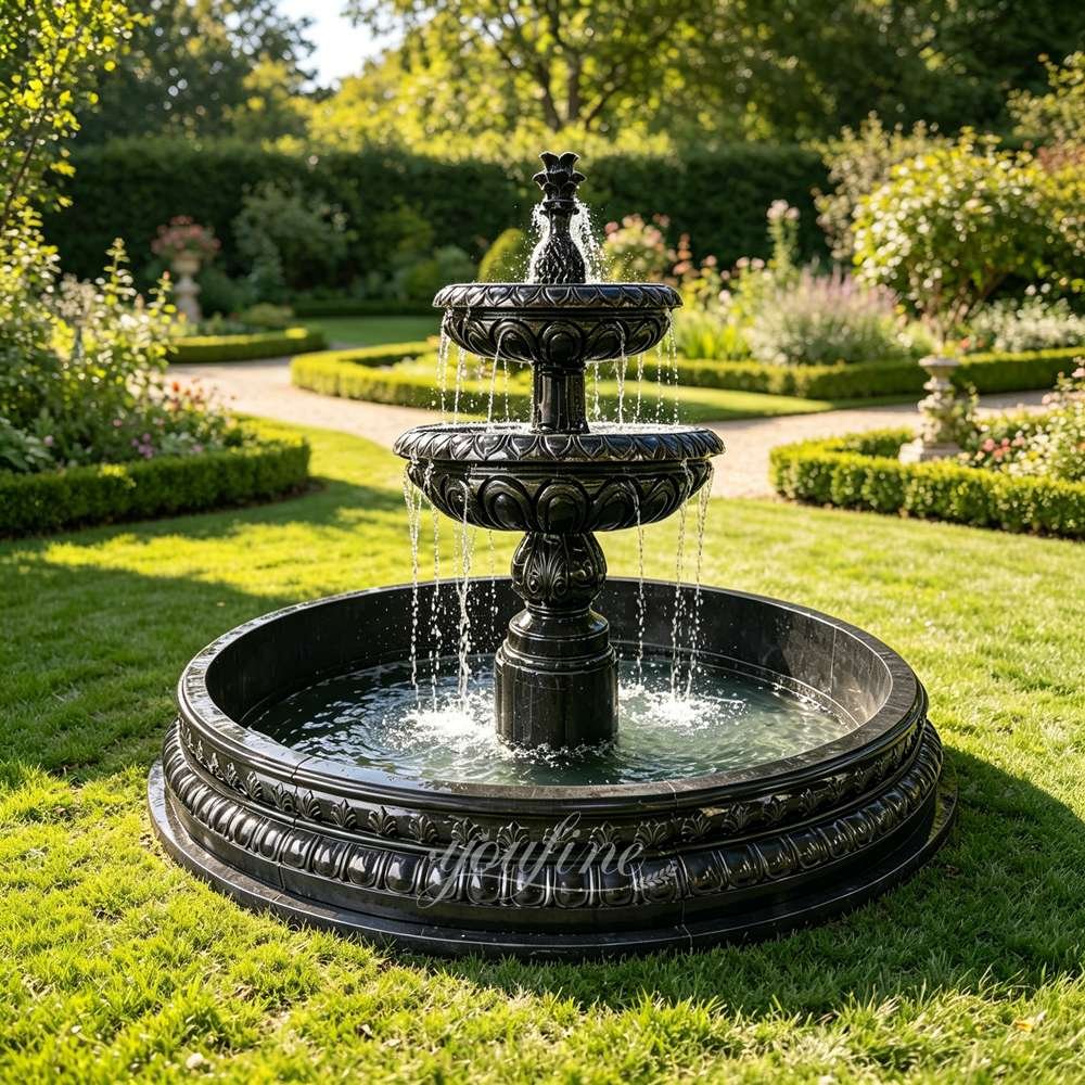 Black Polished 3-tiered Marble Fountain for Yard Decor