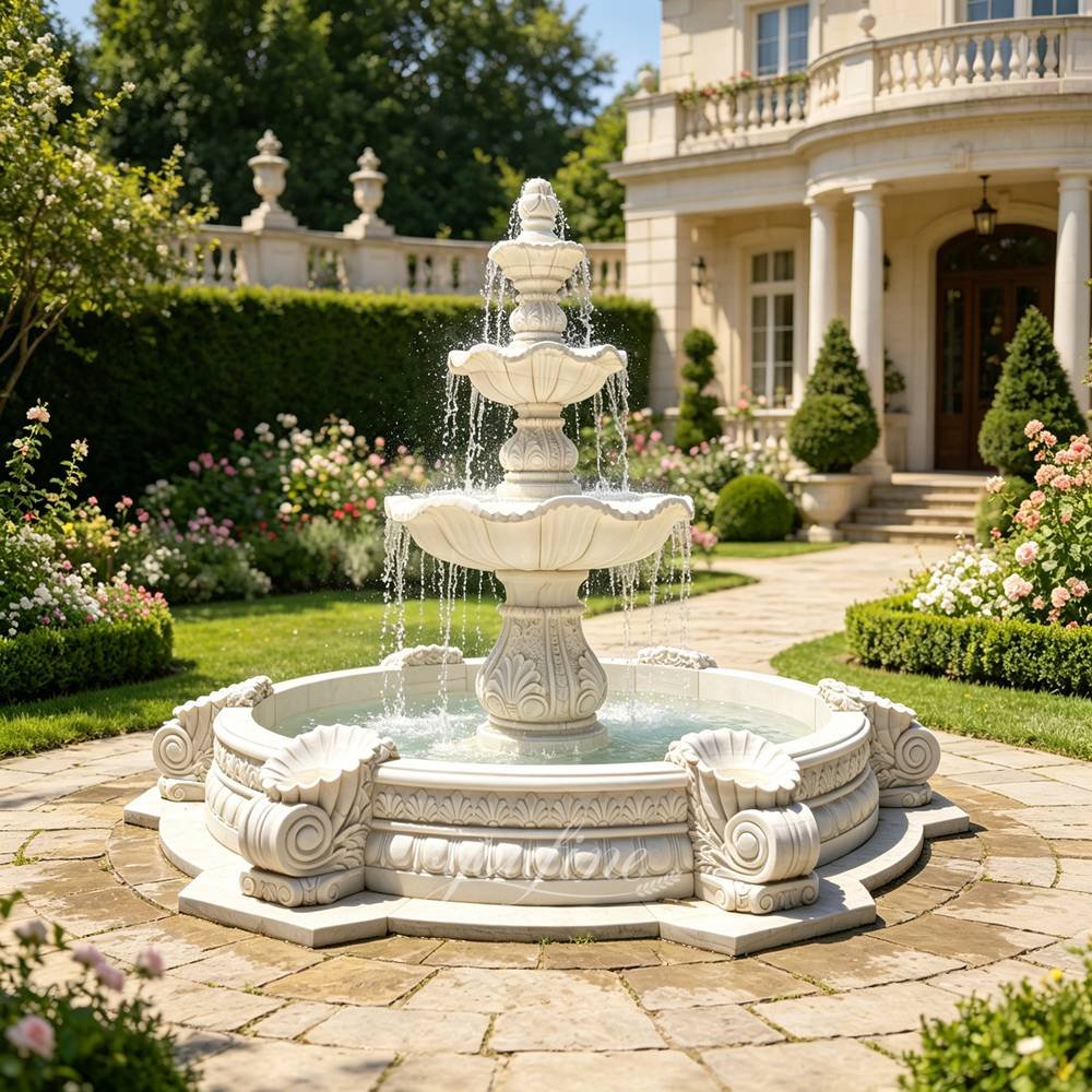 Classical 3-Tier White Marble Fountain with Scroll Shell Pool