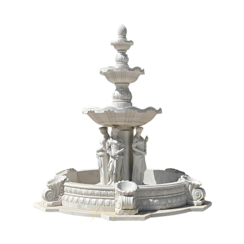 Custom Marble Three-Tier Fountain with Hand-Carved Goddess Statues
