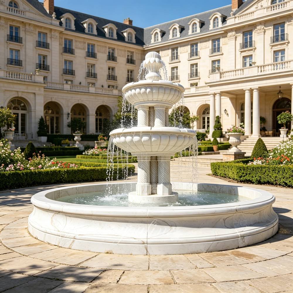 large marble column fountain with round pool for hotel garden