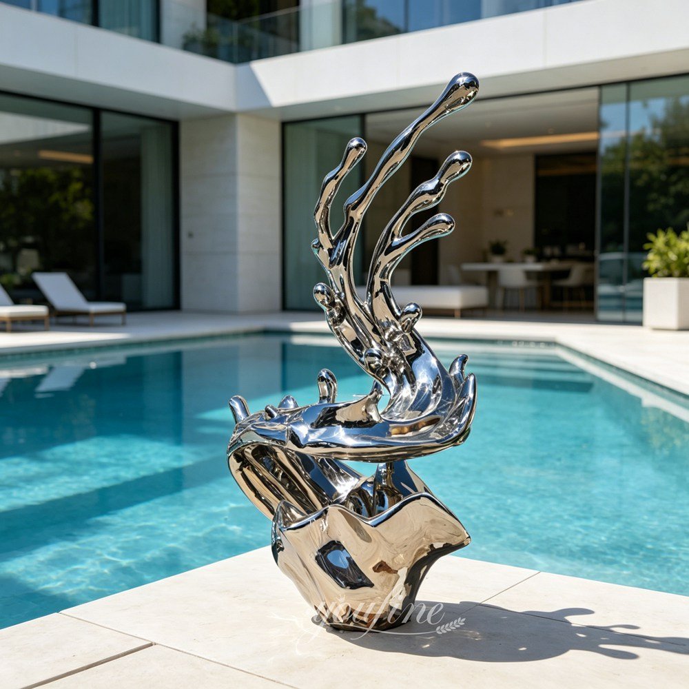 mirrored metal wave sculpture for modern pool decor