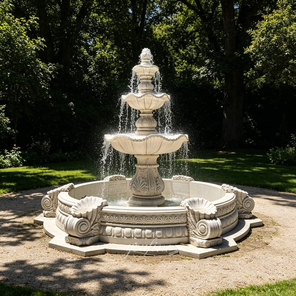 an outdoor marble fountain in a shaded area