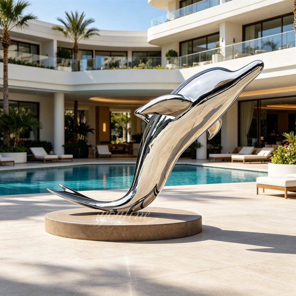 arge stainless steel dolphin sculpture for resort decor