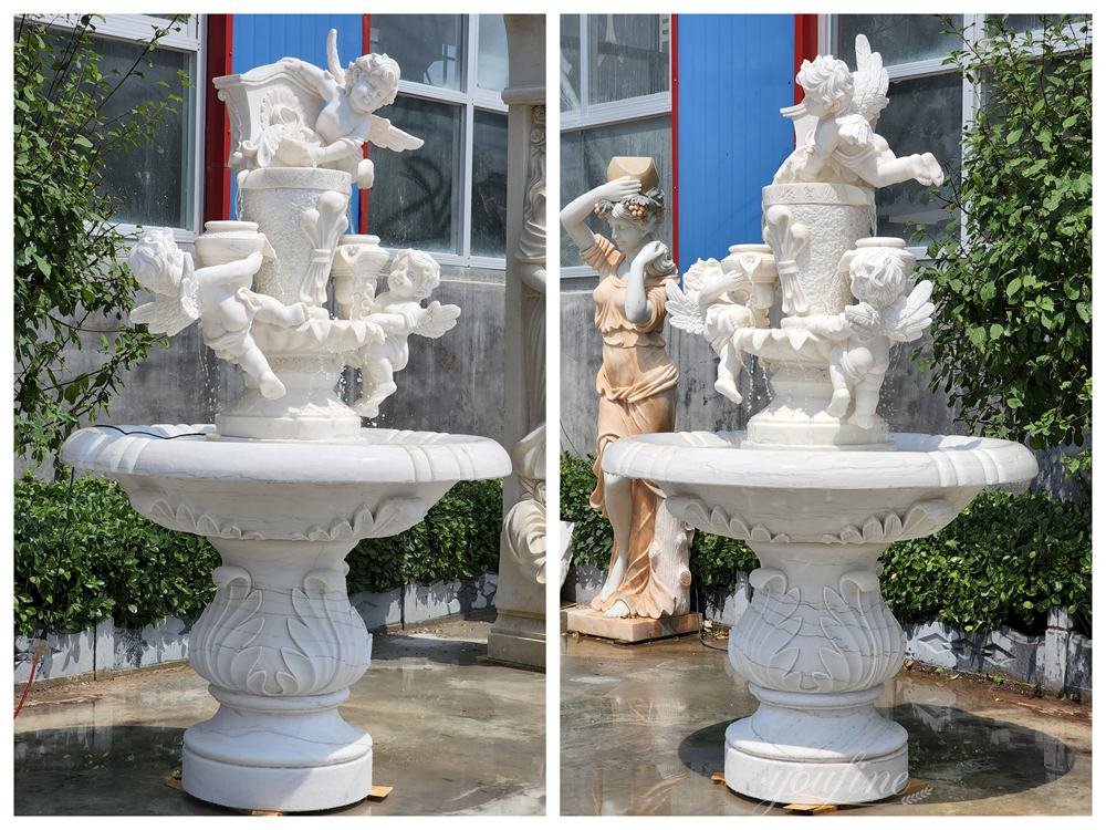 european water fountain with three playful cherub statues side details