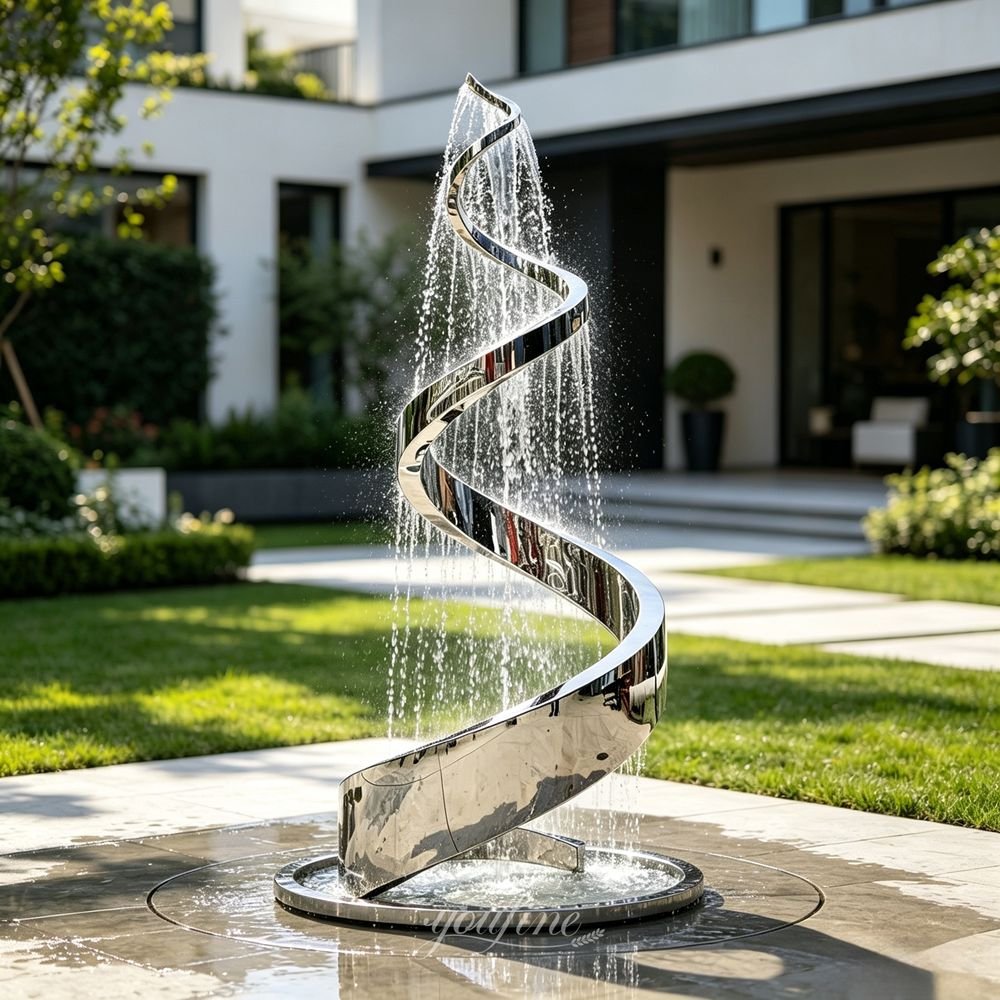 mirror stainless steel spiral sculpture water feature for yard