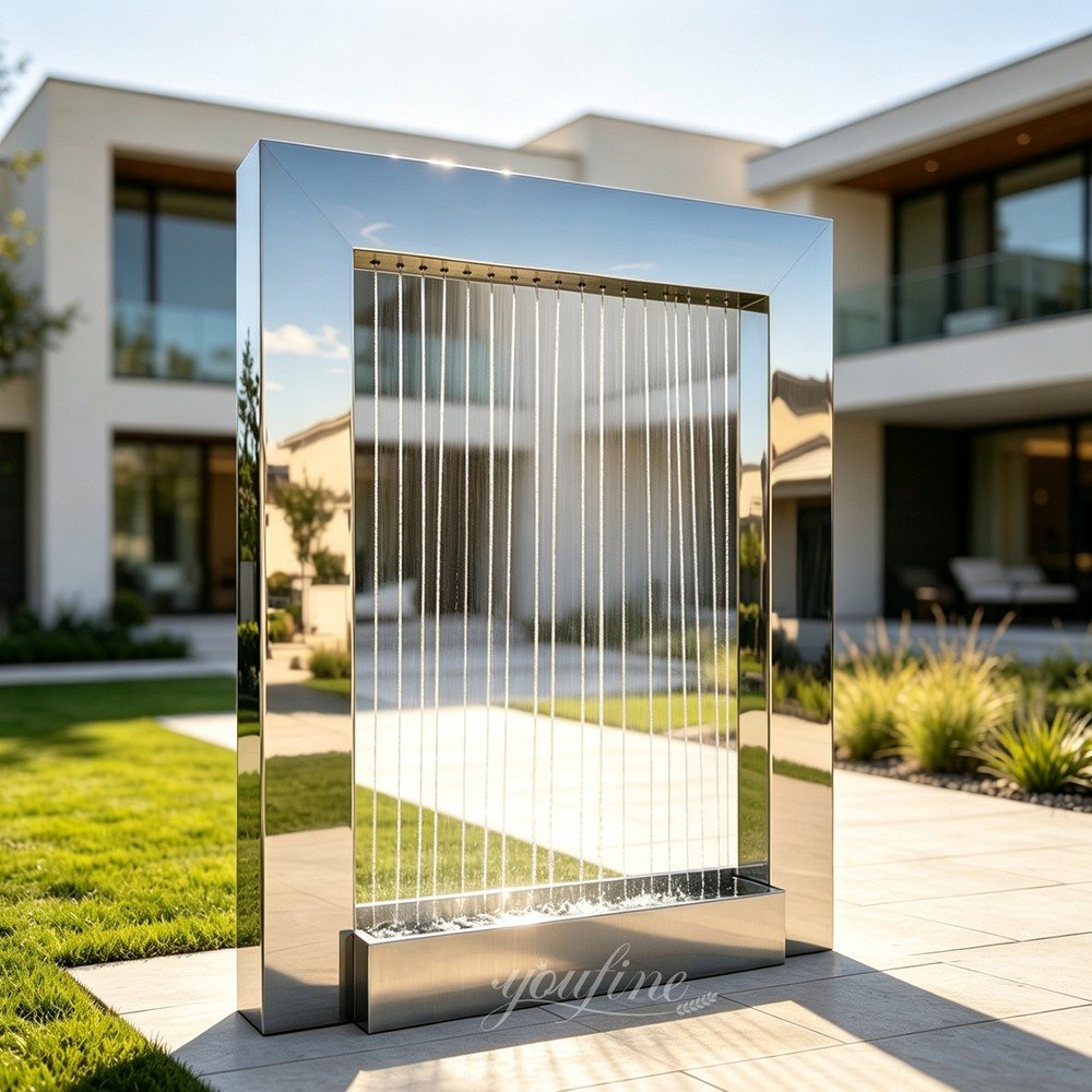 mirrored rectangular stainless steel rain curtain fountain for modern yard