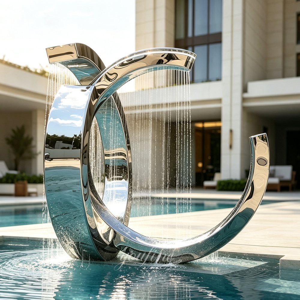mirrored stainless steel 2 c shaped fountain for hotel pool decor