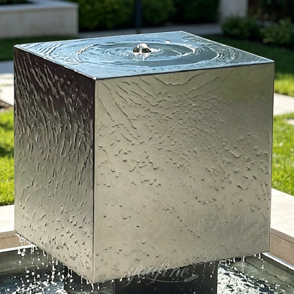 stainless steel matte cube water fountain detail