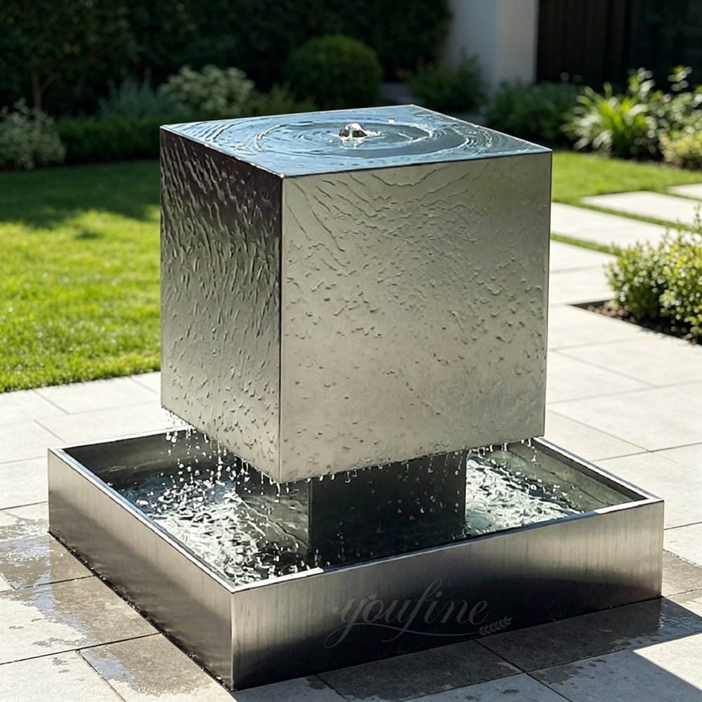 stainless steel matte cube water fountain for yard