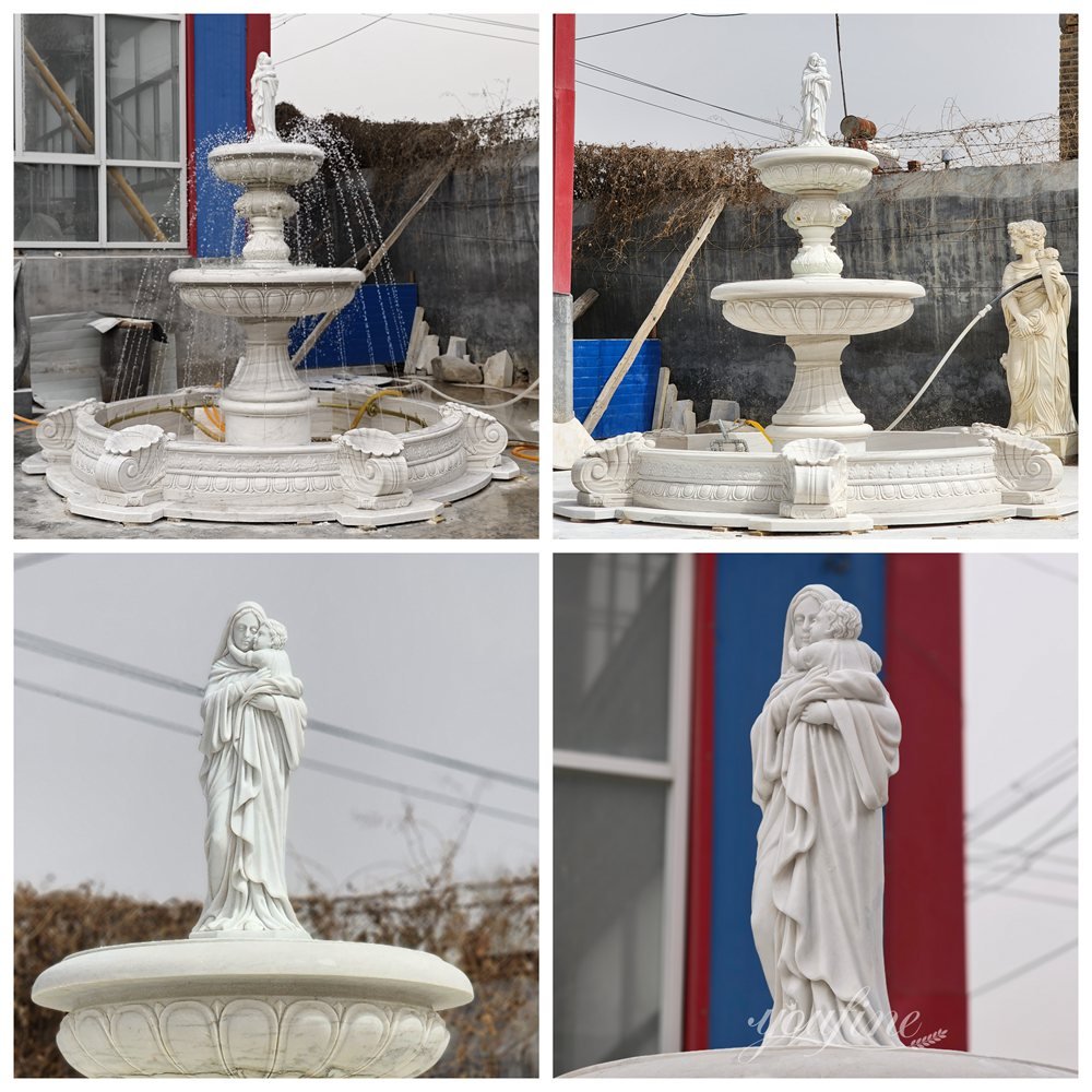 tiered marble virgin mary holding baby jesus statue fountain details