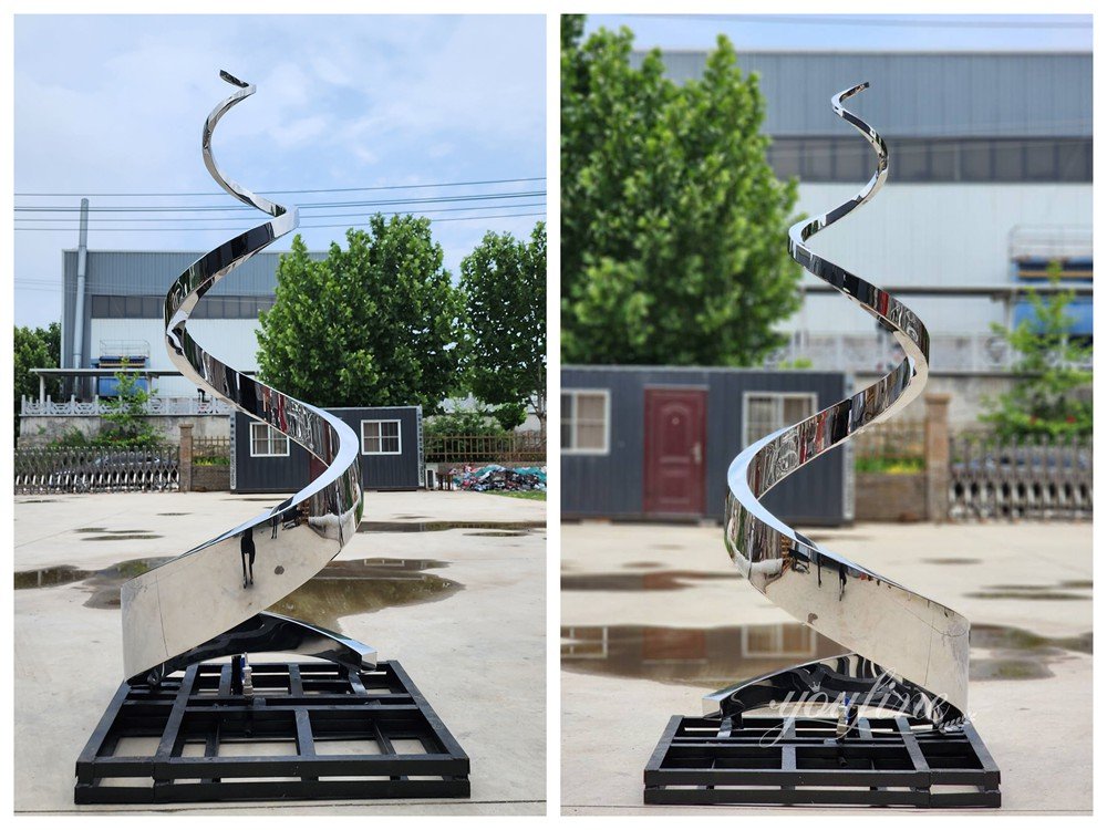 stainless steel spiral sculpture water feature details