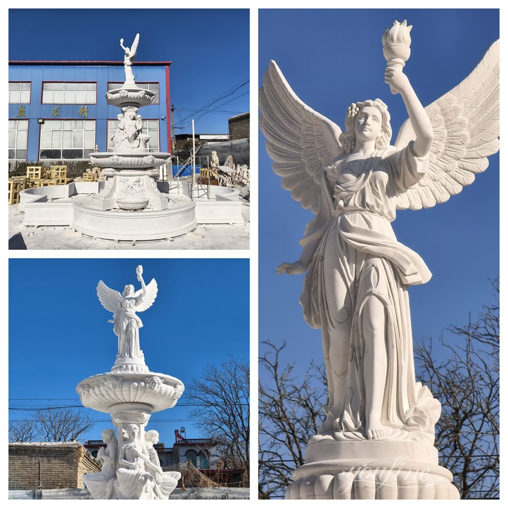 3 tiered fountain with an angel statue holding a torch details