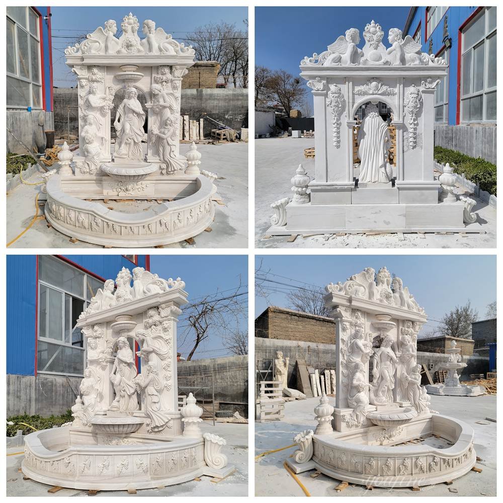 european marble goddess wall fountain with grape relief carvings details