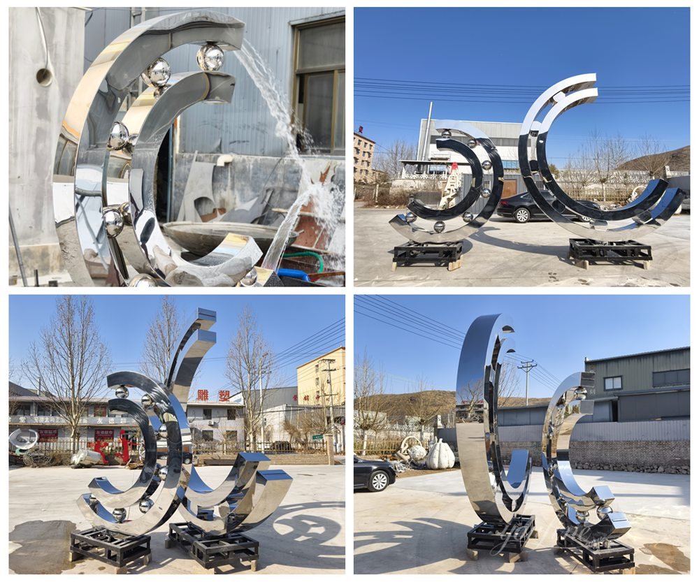 abstract metal bearing shaped mirror sculpture fountain details