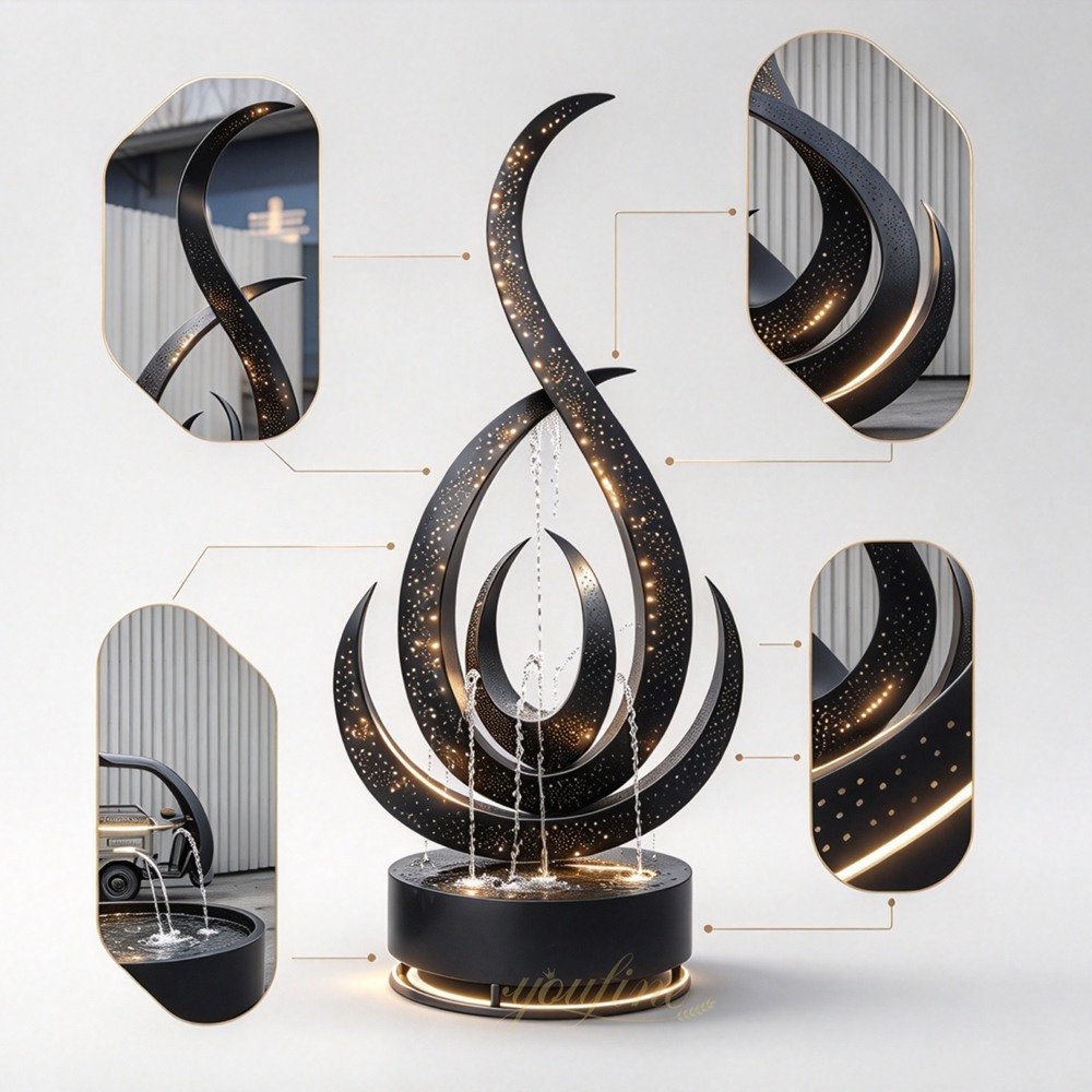 black metal abstract sculpture fountain details