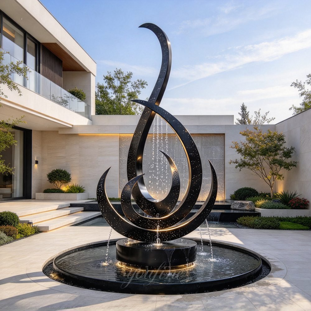 metal black abstract sculpture fountain for villa yard decor